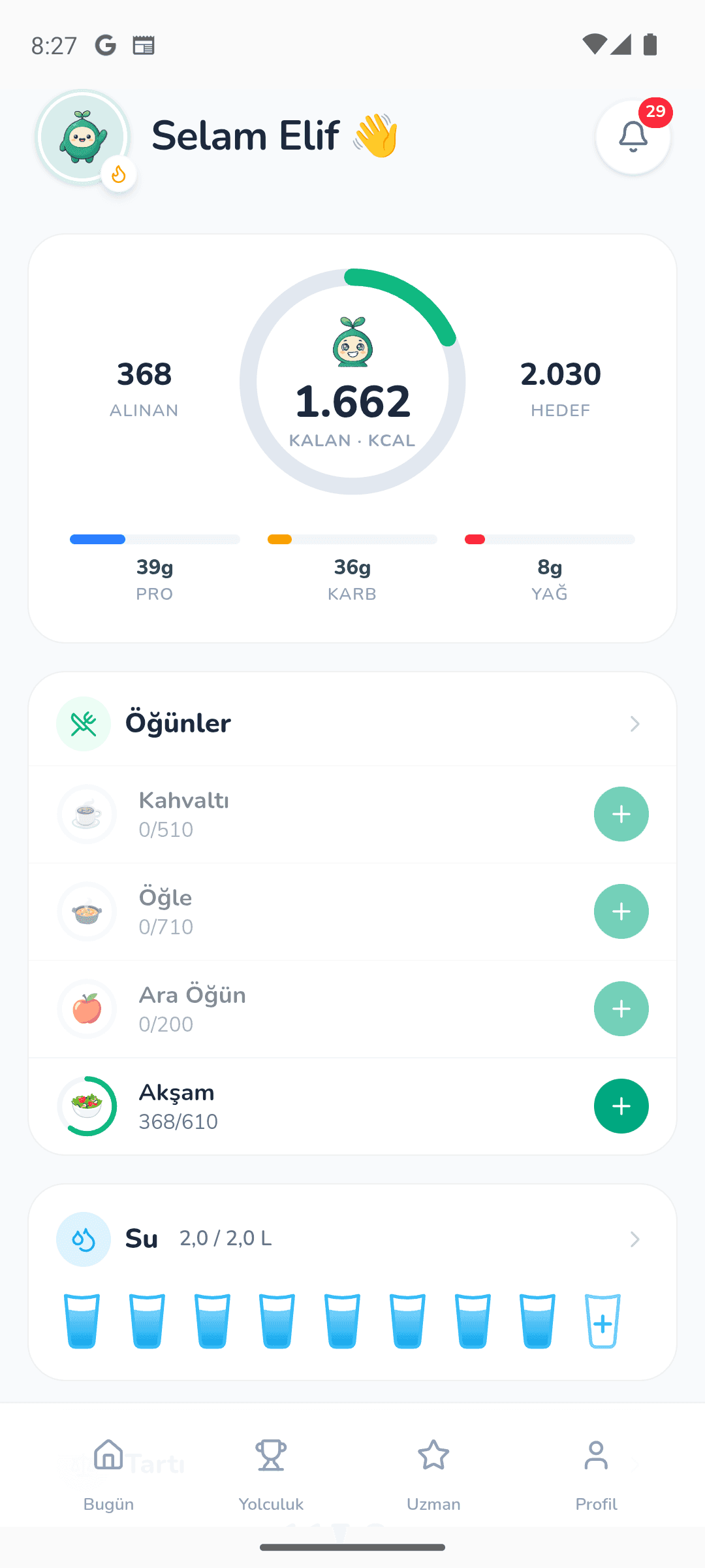 Danışanın günlük takip ekranı