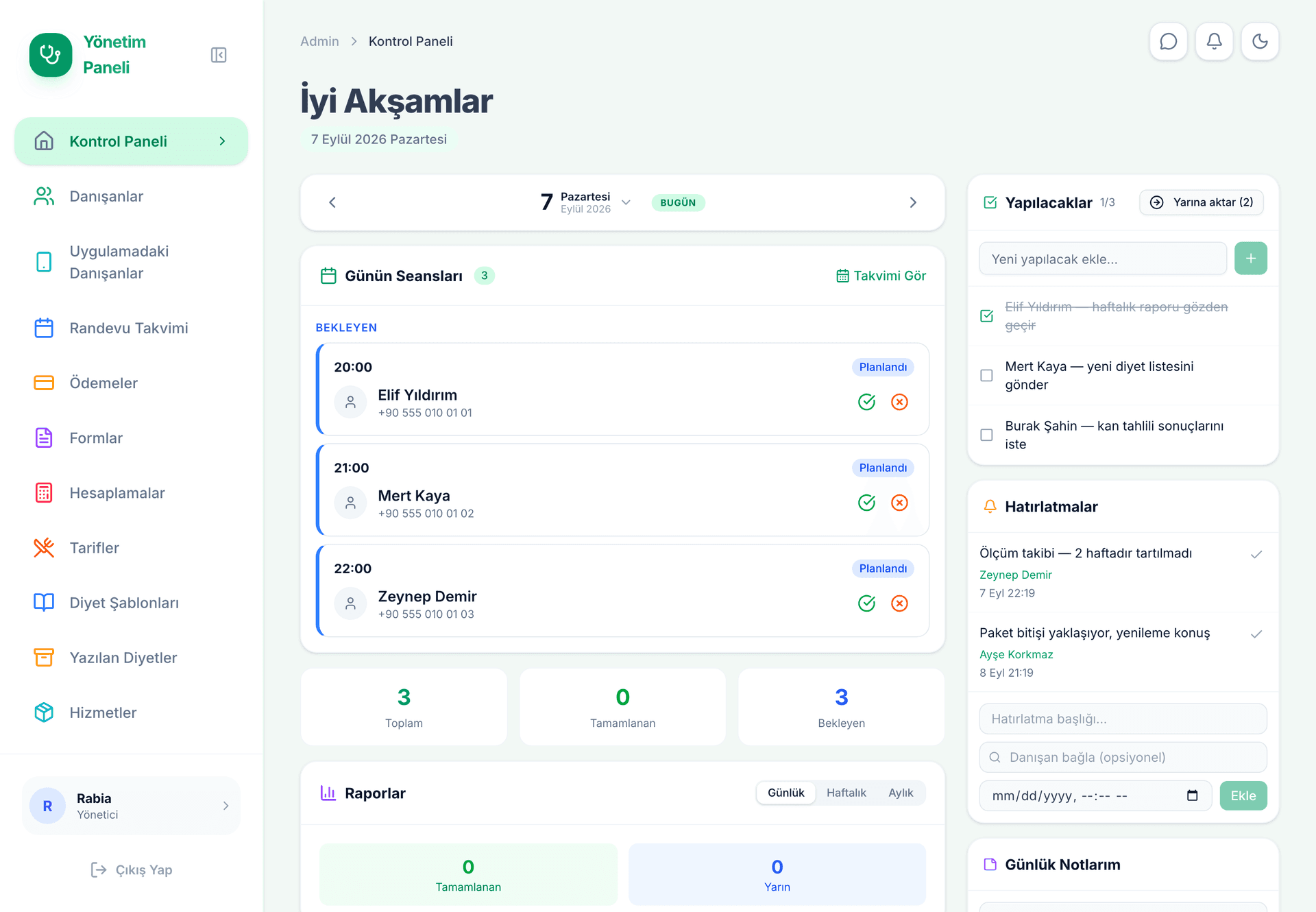 PikanHealth kontrol paneli önizlemesi